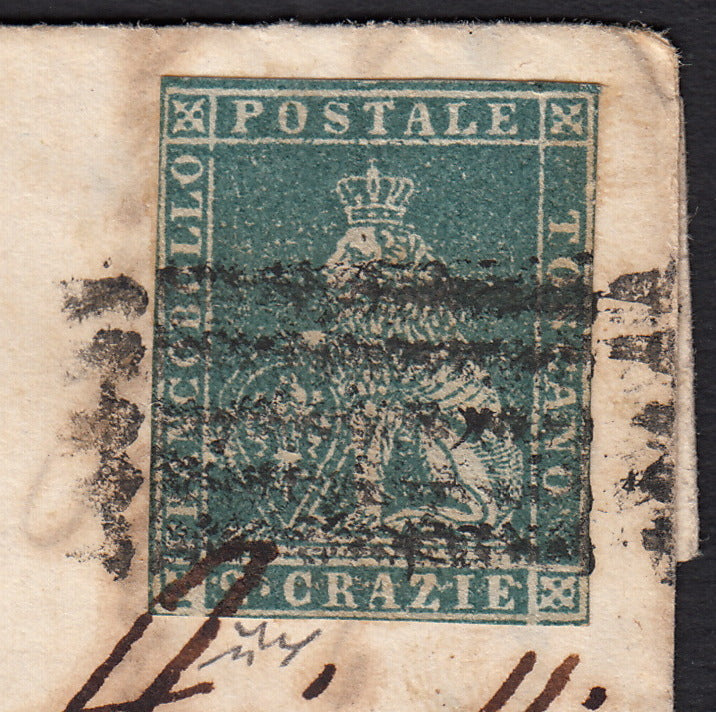 PPP449 - 1851 Leone di Marzocco, 2 light blue crazie on gray paper and crown watermark, used (5d)