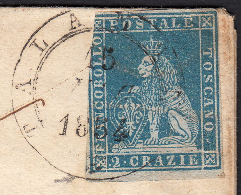 BO257_33 - 1854 - Lettera spedita da Talamone per Firenze affrancata con 2 crazie azzurro su carta grigia (5, punti 10)