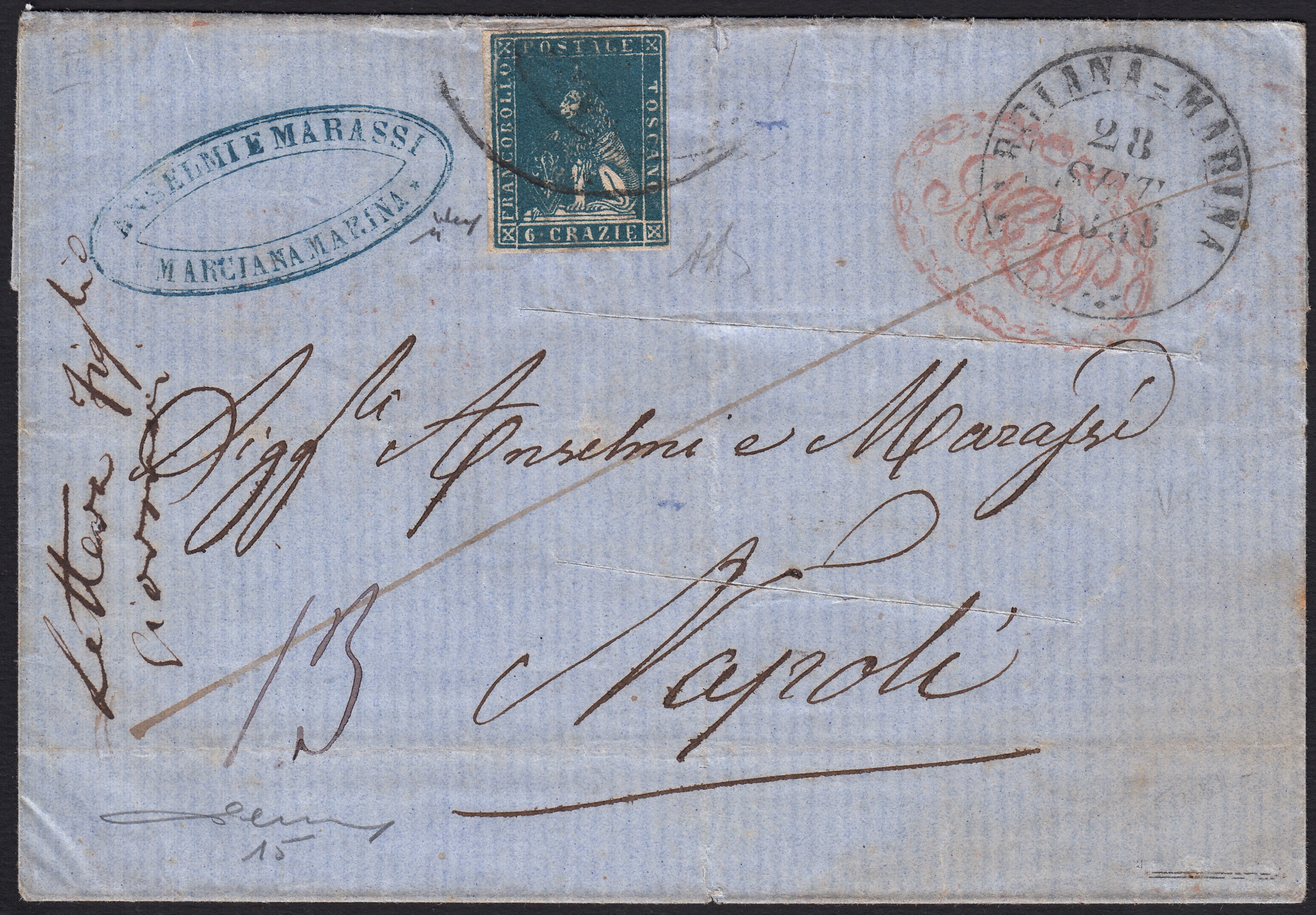 BO257_31 - 1858 - Lettera spedita da Marciana Marina x Napoli 28/9/58 affrancata con 6 crazie azzurro II emisione (15)