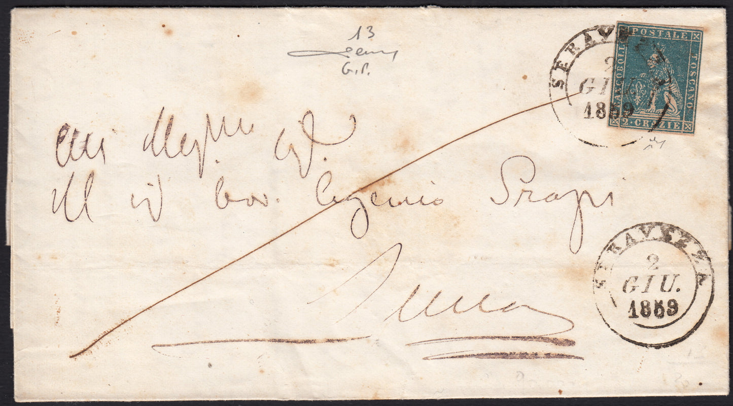 BO257_3 - 1859 - Lettera spedita da Seravezza per Lucca 2/6/59 affrancata con cr.2 azzurro, periodo di Governo Provvisorio (13)