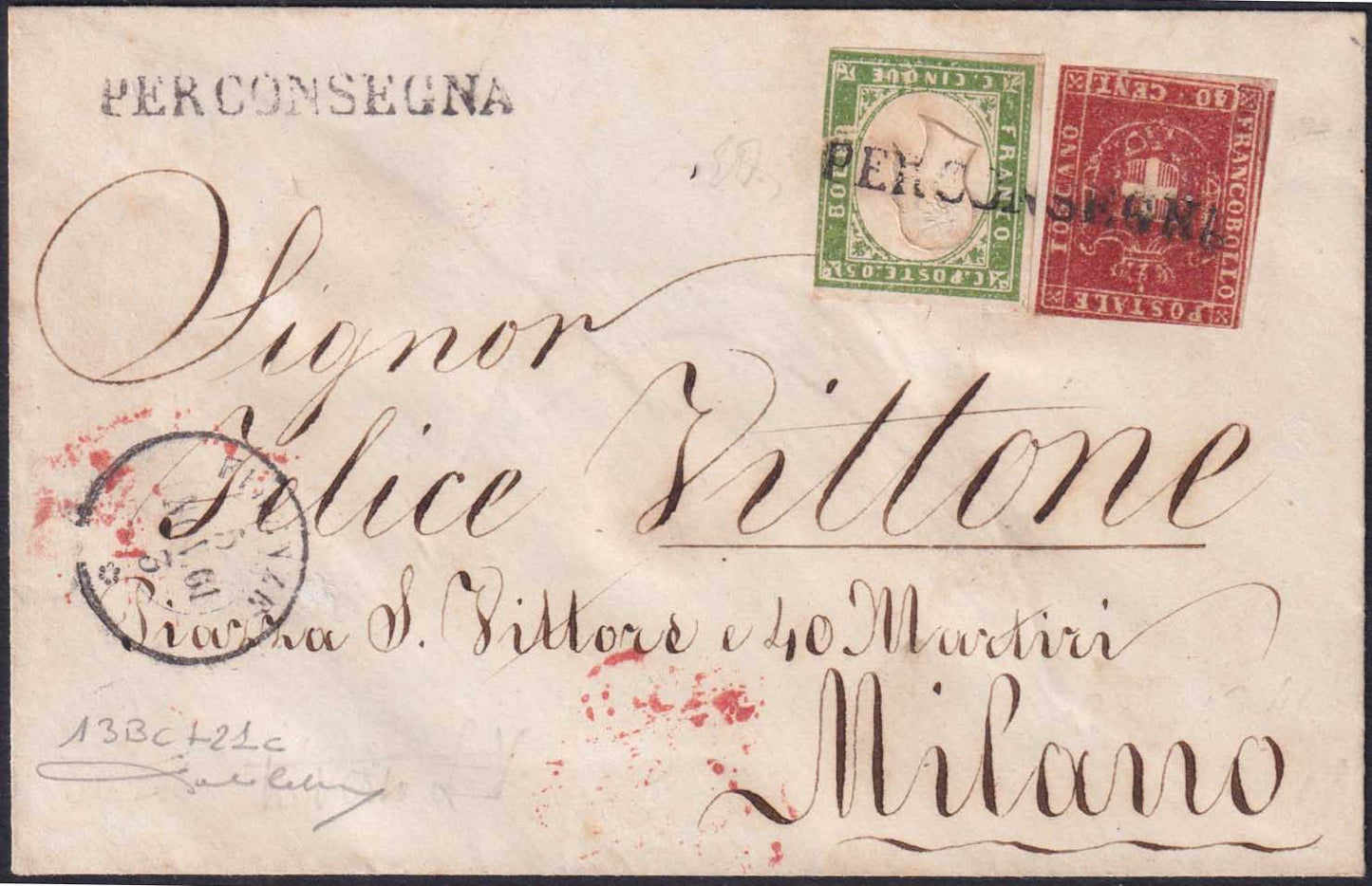BA257_41 - 1861 - Lettera speita da Firenze per Milano 5/11/61 affrancata con Sardegna c.5 verde oliva + G.P. Toscana c. 40 carminio scuro (13Bc + 21c)