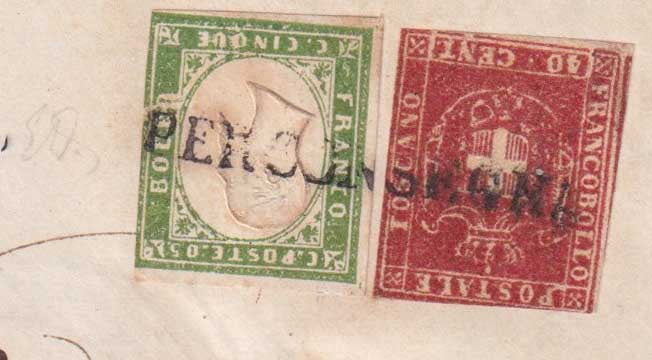 BA257_41 - 1861 - Lettera speita da Firenze per Milano 5/11/61 affrancata con Sardegna c.5 verde oliva + G.P. Toscana c. 40 carminio scuro (13Bc + 21c)