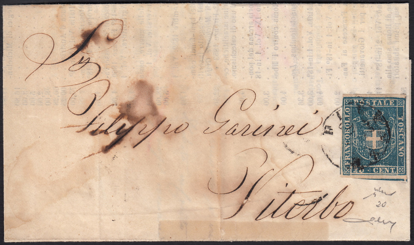 BO257_5 - 1860 - Lettera spedita da Firenze per Viterbo 30/6/61 affrancata con c.20 azzurro (20)