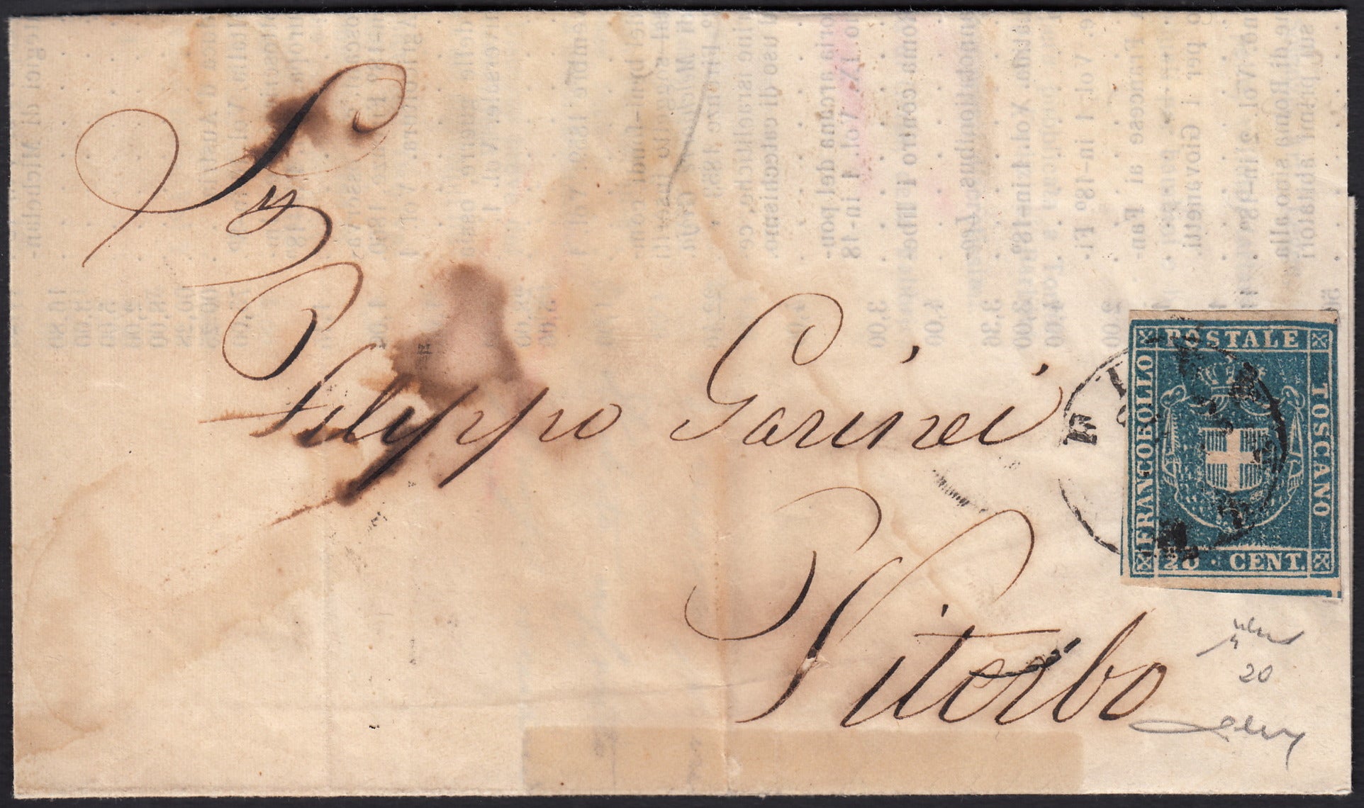 BO257_5 - 1860 - Lettera spedita da Firenze per Viterbo 30/6/61 affrancata con c.20 azzurro (20)