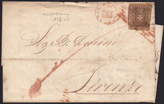 BO257_6 - 1860 - Lettera spedita da Lucca per Firenze gennaio 1860 affrancata con c.10 bruno rossiccio (19f)