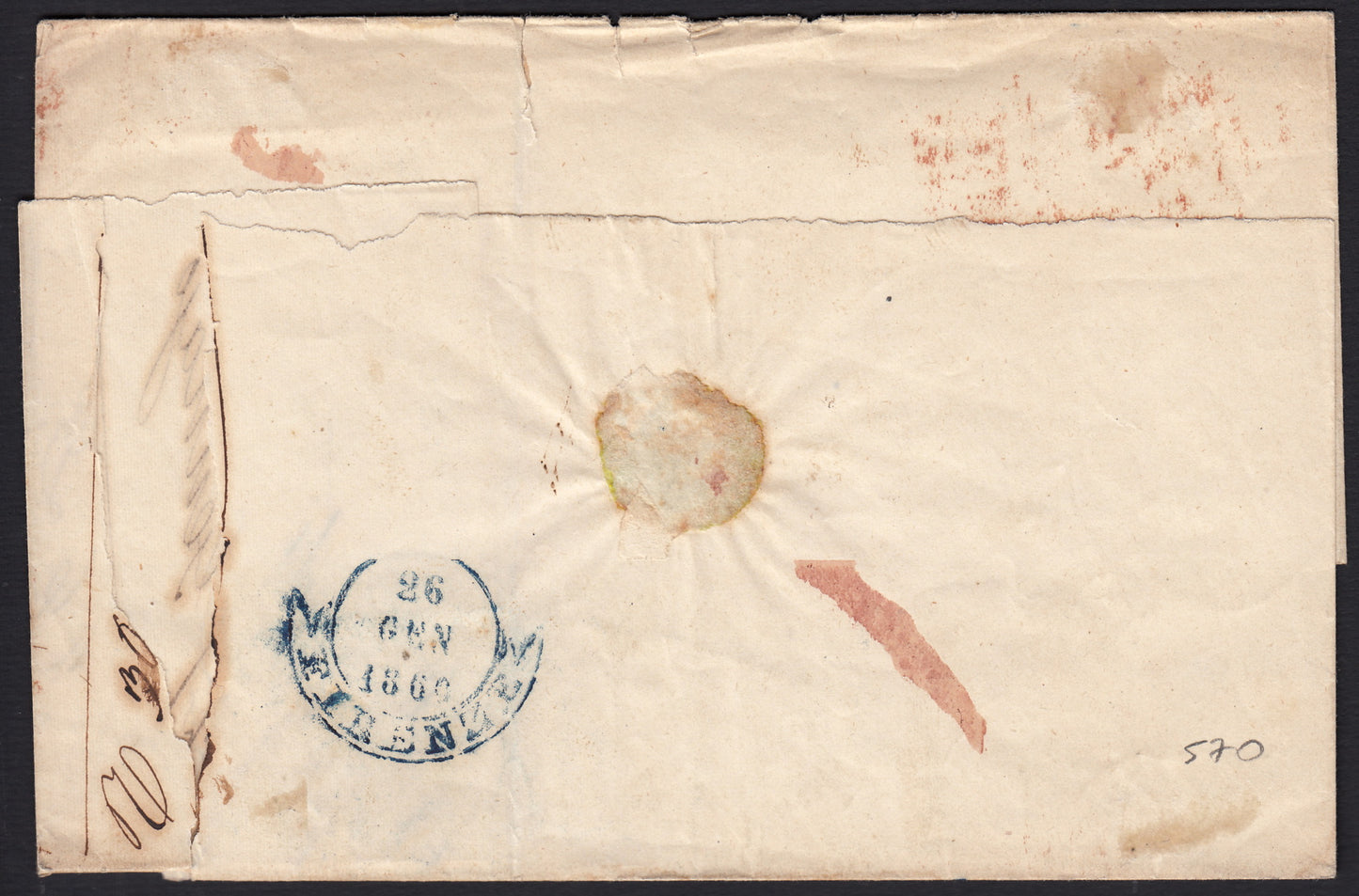 BO257_6 - 1860 - Lettera spedita da Lucca per Firenze gennaio 1860 affrancata con c.10 bruno rossiccio (19f)