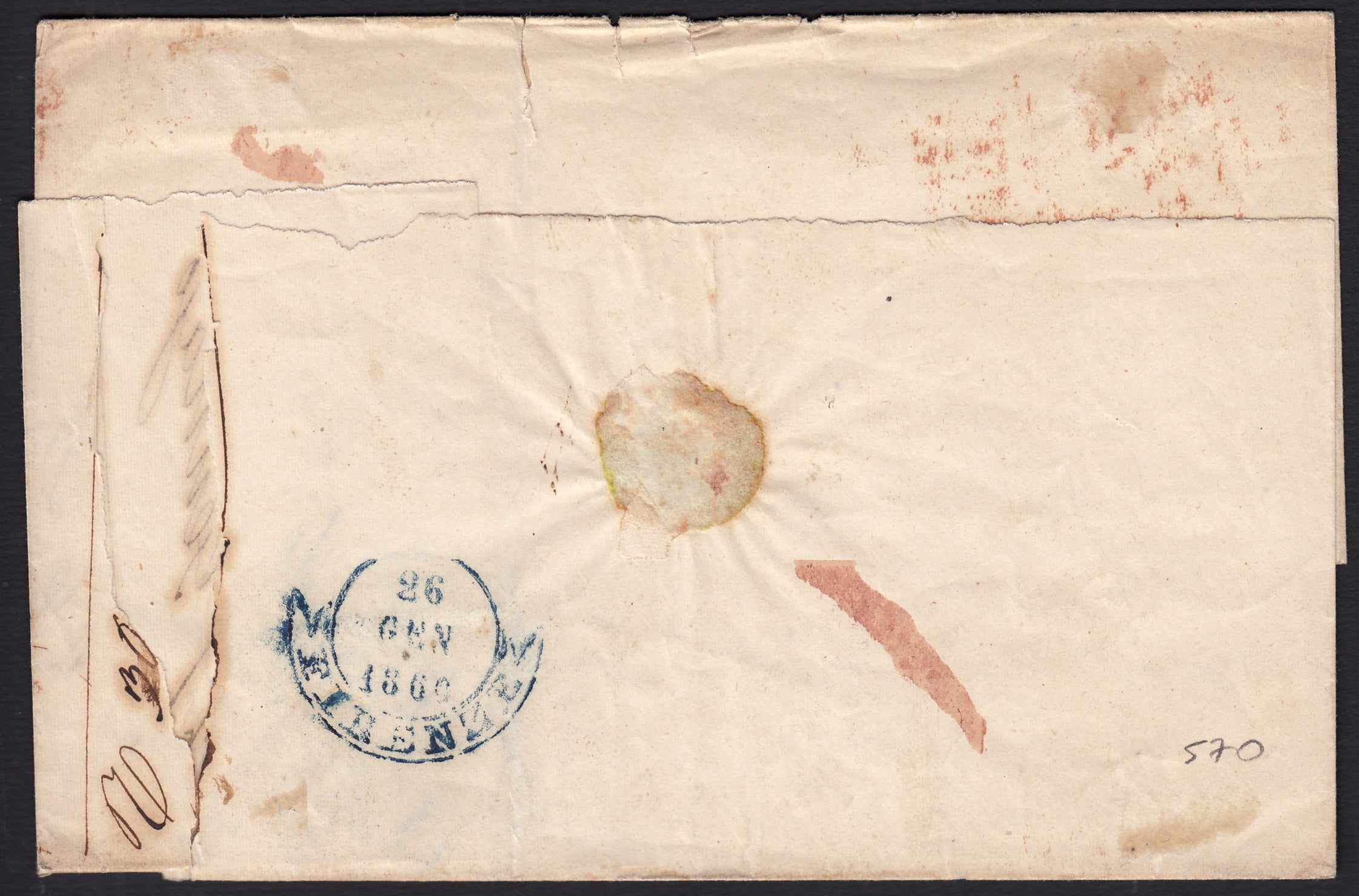 BO257_6 - 1860 - Lettera spedita da Lucca per Firenze gennaio 1860 affrancata con c.10 bruno rossiccio (19f)