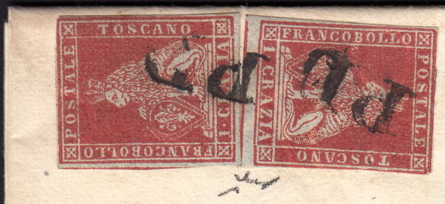 BO257_7 - 1854 - Lettera spedita da Massa per Siena 20/2/54 affrancata con 1 crazia carminio due esemplari (4d)