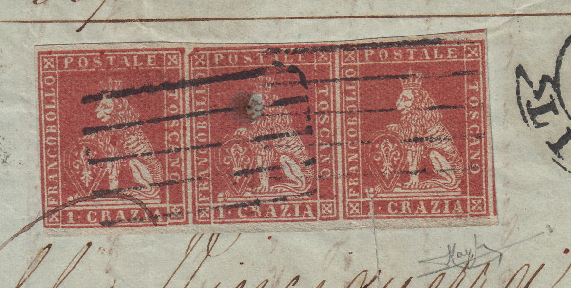 BO257_8 - 1854 - Lettera spedita da Livorno per Messina 11/12/53 affrancata con 1 cr. carminio chiaro striscia di 3 esemplari (4)