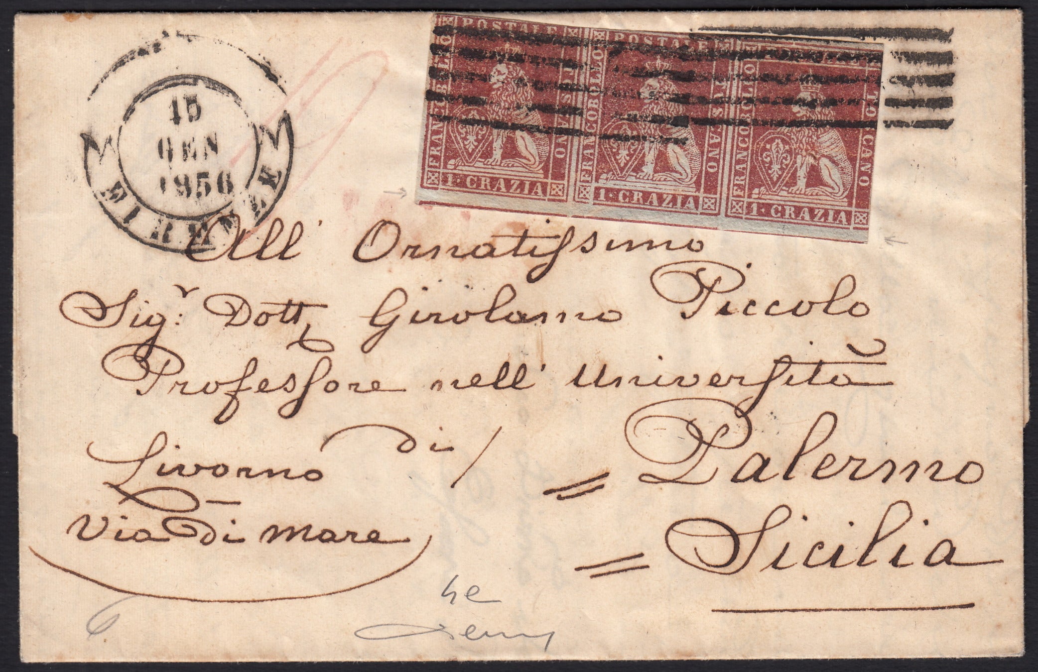 BO257_9 - 1856 - Lettera spedita da Firenze per Palermo 15/1/56 affrancata con 1 cr. carminio brunastro striscia di 3 esemplari (4e)