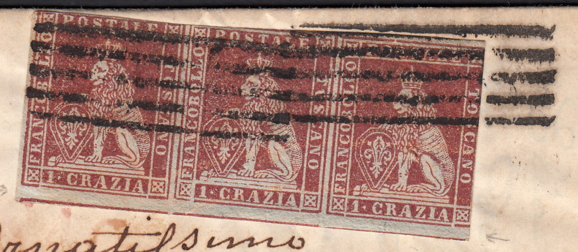 PPP449 - 1851 Leone di Marzocco, 2 light blue crazie on gray paper and crown watermark, used (5d)