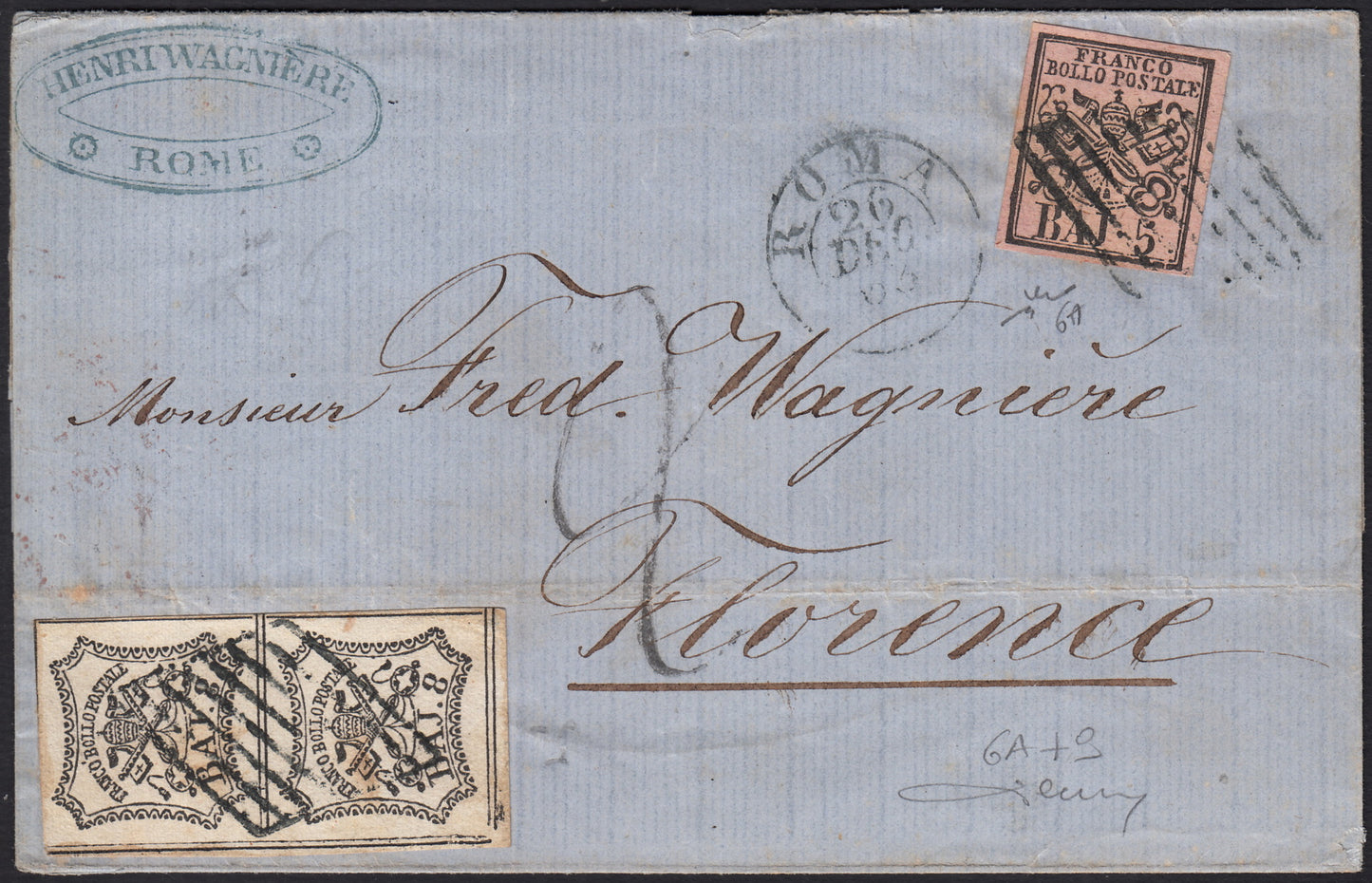BO258_10 - 1863 - Lettera da Roma per Firenze 26/12/63 affrancata con 5 baj rosa carminio + 8 baj bianco coppia verticale (6A + 9)
