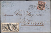 BO258_10 - 1863 - Lettera da Roma per Firenze 26/12/63 affrancata con 5 baj rosa carminio + 8 baj bianco coppia verticale (6A + 9)