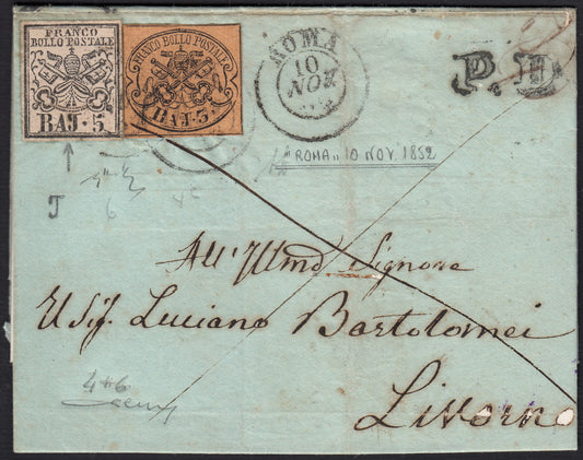 BO258_11 - 1852 - Lettera da Roma per Livorno 10/11/52 affrancata con 3 baj bistro arancio + 5 baj rosa (4 + 6)