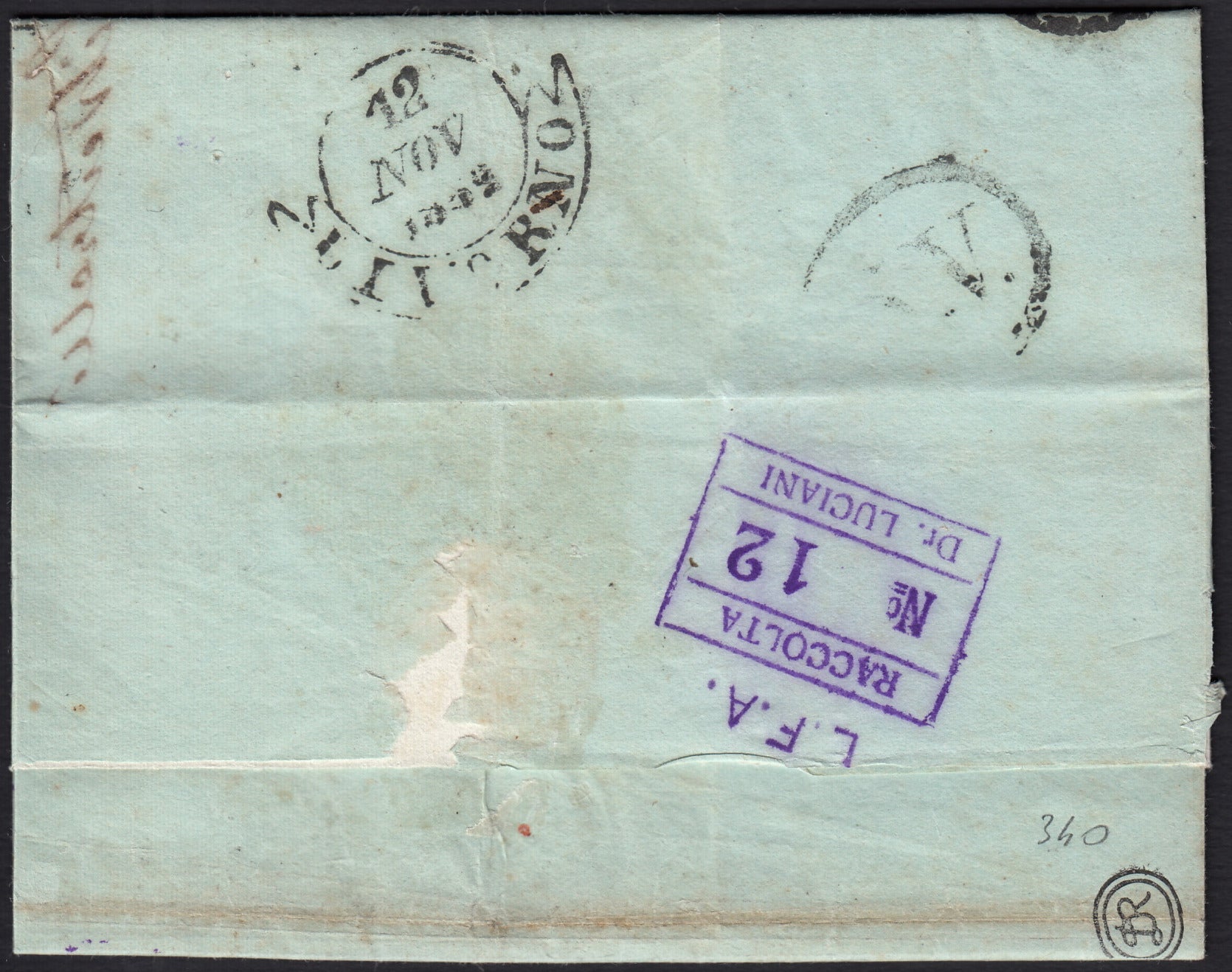 BO258_11 - 1852 - Lettera da Roma per Livorno 10/11/52 affrancata con 3 baj bistro arancio + 5 baj rosa (4 + 6)