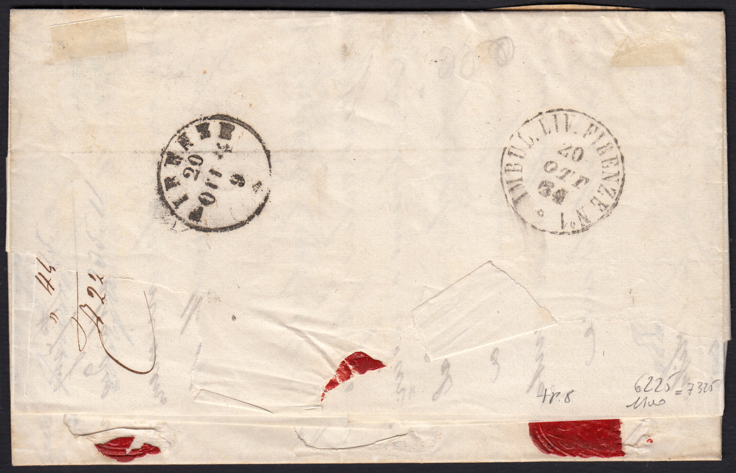 BO258_14 - 1864 - Lettera da Direzione di Roma per Firenze 19/10/64 affrancata con 6 baj lilla grigio + 8 baj bianco + 8 baj bianco inchiostro grigio oleoso (7A + 8 + 8a)