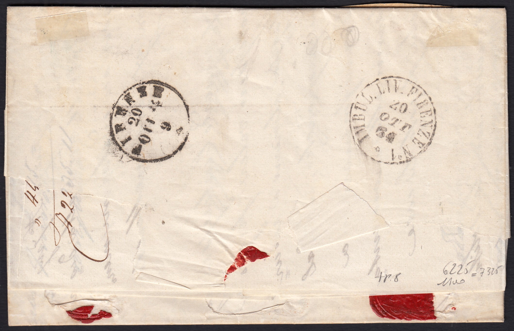 BO258_14 - 1864 - Lettera da Direzione di Roma per Firenze 19/10/64 affrancata con 6 baj lilla grigio + 8 baj bianco + 8 baj bianco inchiostro grigio oleoso (7A + 8 + 8a)