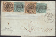 BO258_2 - 1852 - Lettera da Spoleto per Livorno 12/8/52 preconvenzione con 4+1+4+1 baj (2 + 5)