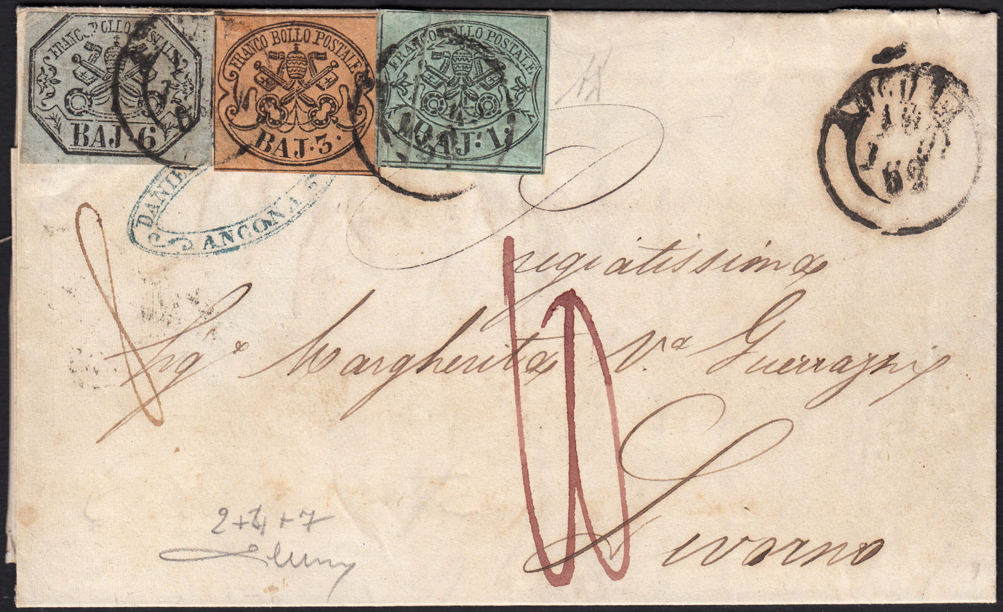 BO258_4 - 1852 - Lettera da Ancona per Livorno 18/7/52 affrancata con 1b. verde + 3b. bistro arancio + 6b. grigio verdastro (2 + 4 + 7)