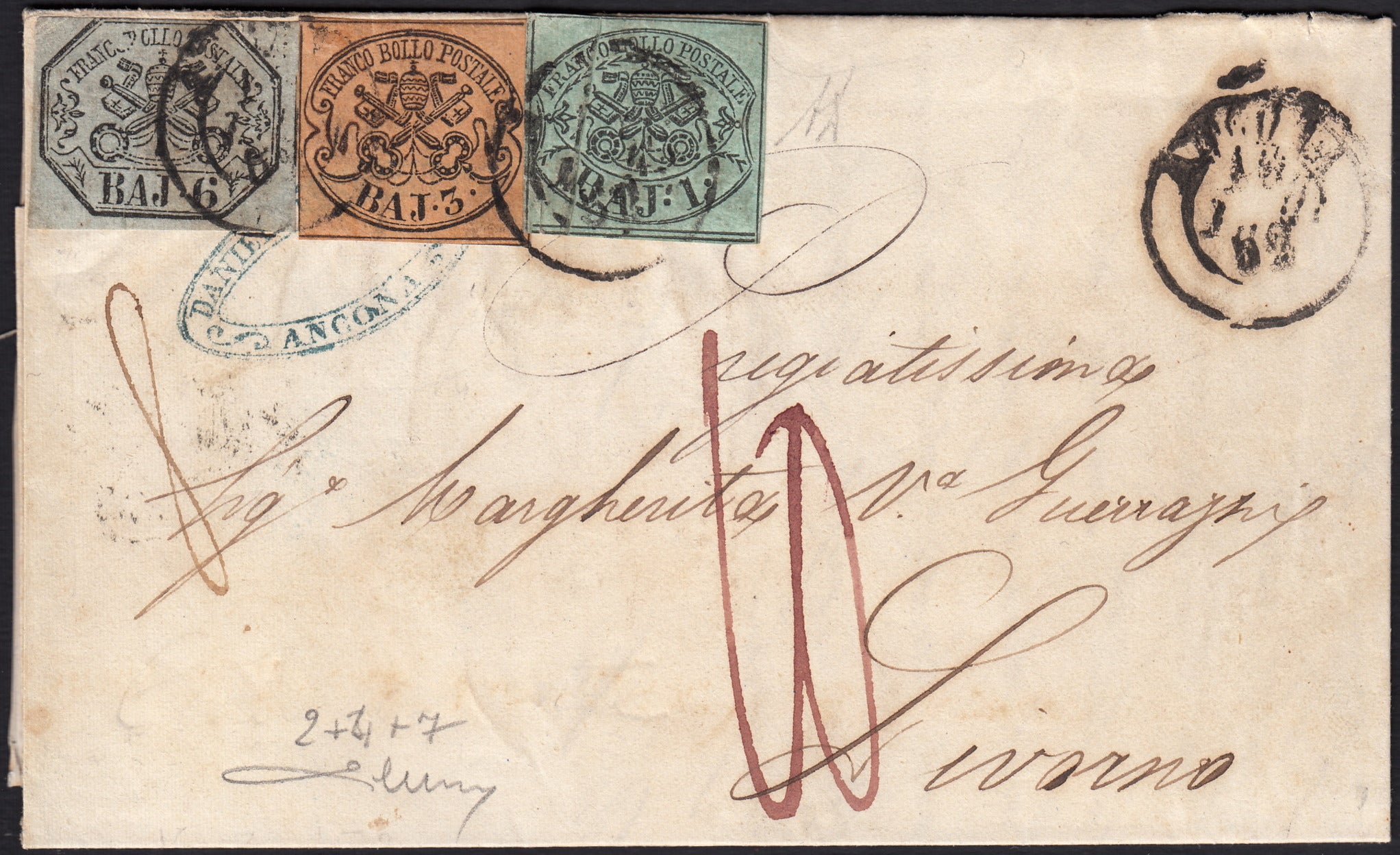 BO258_4 - 1852 - Lettera da Ancona per Livorno 18/7/52 affrancata con 1b. verde + 3b. bistro arancio + 6b. grigio verdastro (2 + 4 + 7)