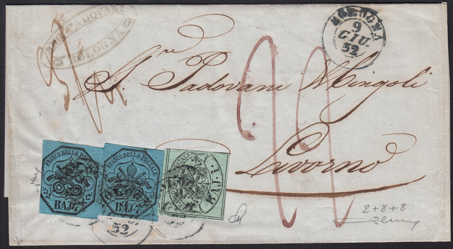 BO258_5 - 1852 - Lettera da Bologna per Livorno 9/6/52 affrancata con 1 baj + 7 baj x 2 (2 + 8)
