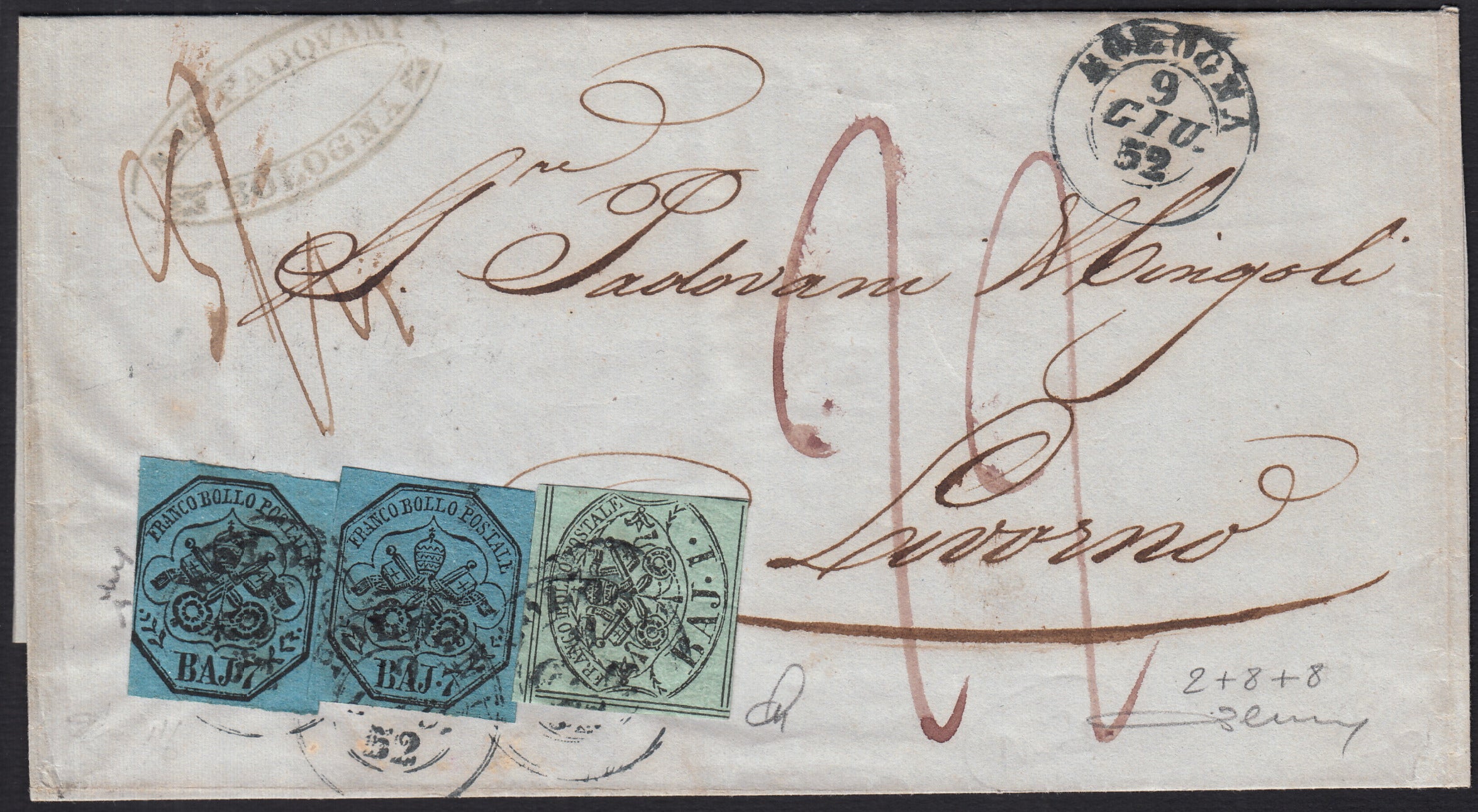 BO258_5 - 1852 - Lettera da Bologna per Livorno 9/6/52 affrancata con 1 baj + 7 baj x 2 (2 + 8)