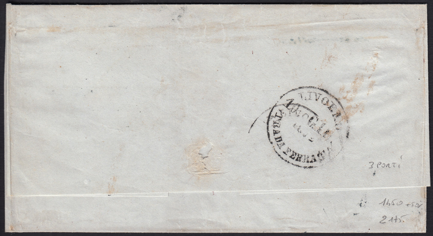 BO258_5 - 1852 - Lettera da Bologna per Livorno 9/6/52 affrancata con 1 baj + 7 baj x 2 (2 + 8)