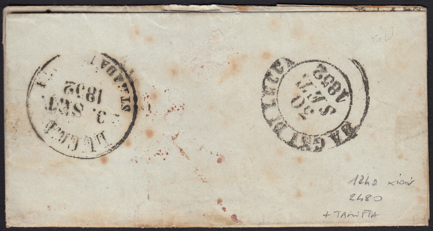 BO258_7 - 1852 - Lettera da Roma per Lucca 27/9/52 affrancata con 1b. + 3b. + 5b. (2a+4+6)
