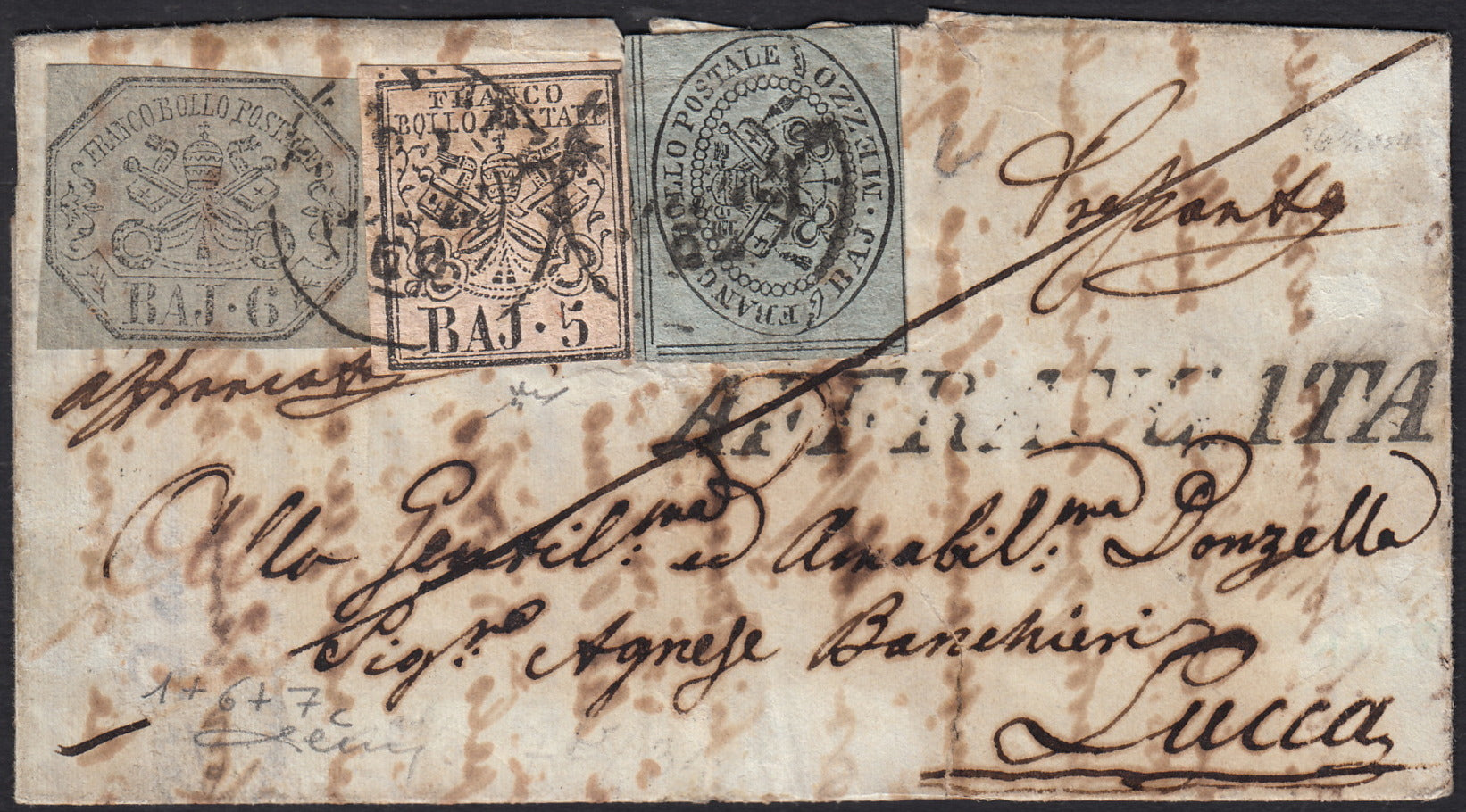 BO258_9 - 1852 - Lettera da Ferrara per Lucca affrancata con 1/2 baj + 5 baj + 6 baj (1 + 6 + 7c)