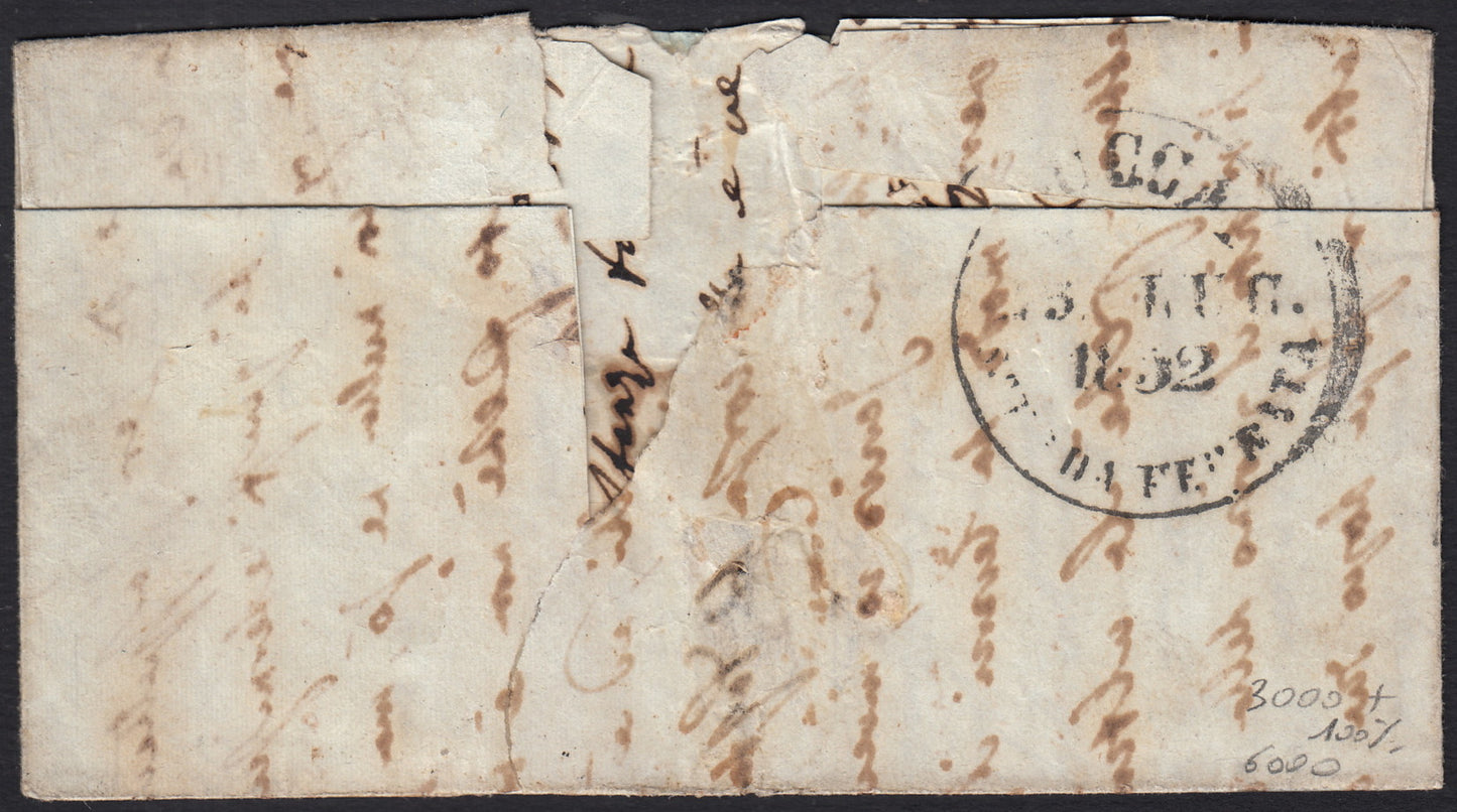 BO258_9 - 1852 - Lettera da Ferrara per Lucca affrancata con 1/2 baj + 5 baj + 6 baj (1 + 6 + 7c)