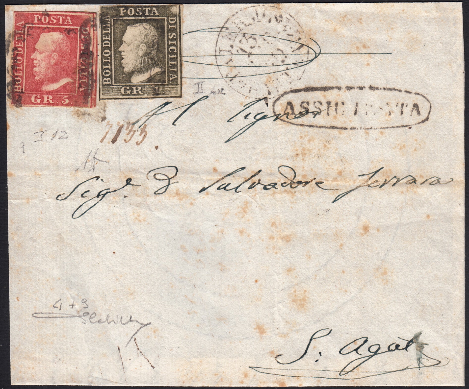 BO25_101 - 1859 - Frontespizio di lettera assicurata spedita da Palermo per S. Agata 13/12/59 affrancata con gr. 1 verde grigio olivastro II tavola + gr. 5 rosa carminio I tavola (4+9)