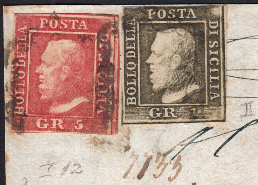 BO25_101 - 1859 - Frontespizio di lettera assicurata spedita da Palermo per S. Agata 13/12/59 affrancata con gr. 1 verde grigio olivastro II tavola + gr. 5 rosa carminio I tavola (4+9)
