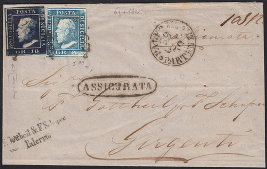 BO25_102 - 1859 - Lettera assicurata spedita da Palermo per Girgenti 28/10/59 affrancata con gr. 2 azzurro chiaro I tavola + gr. 10 indaco nero (6g + 12a)