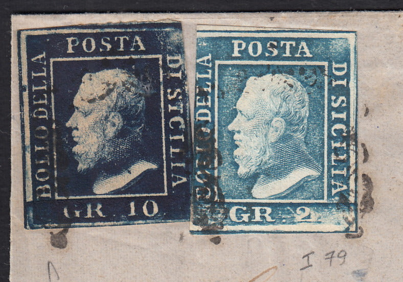 BO25_102 - 1859 - Lettera assicurata spedita da Palermo per Girgenti 28/10/59 affrancata con gr. 2 azzurro chiaro I tavola + gr. 10 indaco nero (6g + 12a)