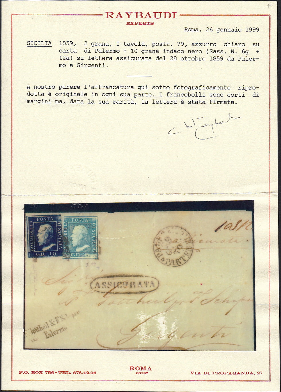 BO25_102 - 1859 - Lettera assicurata spedita da Palermo per Girgenti 28/10/59 affrancata con gr. 2 azzurro chiaro I tavola + gr. 10 indaco nero (6g + 12a)