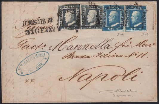 BO25_103 - 1859 - Lettera spedita da Messina per Napoli 31/1/59 affrancata con gr. 2 cobalto scuro II tavola + gr. 20 grigio ardesia (7c + 13)