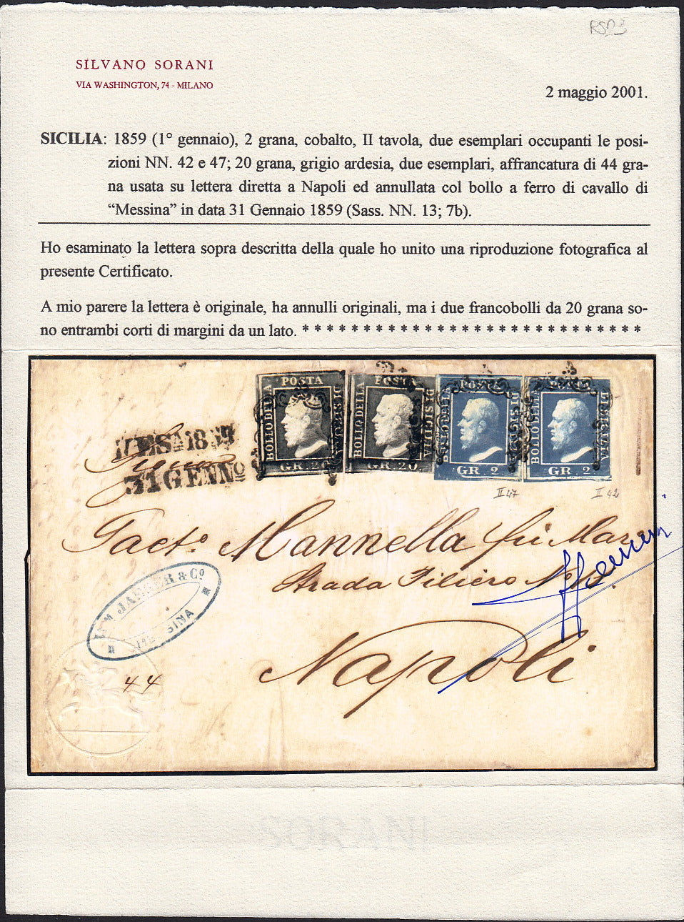 1859 - 10 grain indigo black paper from Naples new with original gum (12a) 