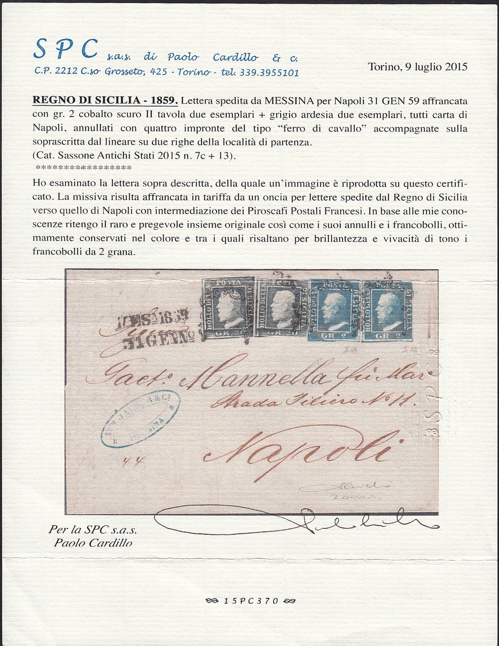 1859 - 10 grain indigo black paper from Naples new with original gum (12a) 