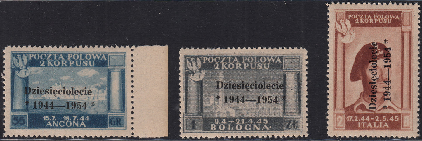 CP227 - 1954 - Polish Government of London, Polish victories in Italy series of three values ​​with black overprint new intact rubber (1/3)