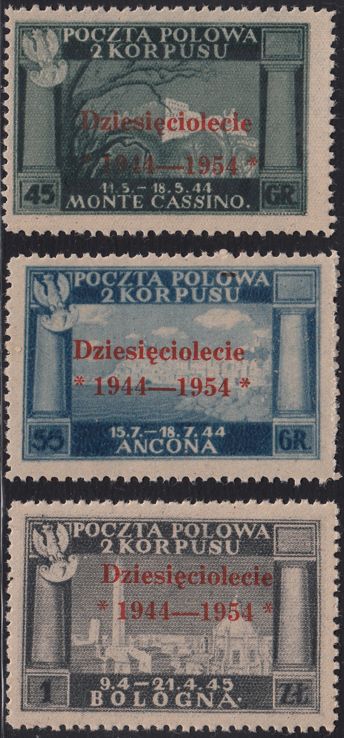 CP229 - 1954 - Polish Government of London, Polish victories in Italy series of three values ​​with vermilion overprint new intact rubber (7/9)