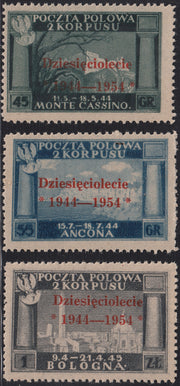 BO25_118 - 1954 - Governo Polacco di Londra, vittorie polacche in Italia serie di tre valori con soprastampa vermiglio nuova gomma integra (7/9)