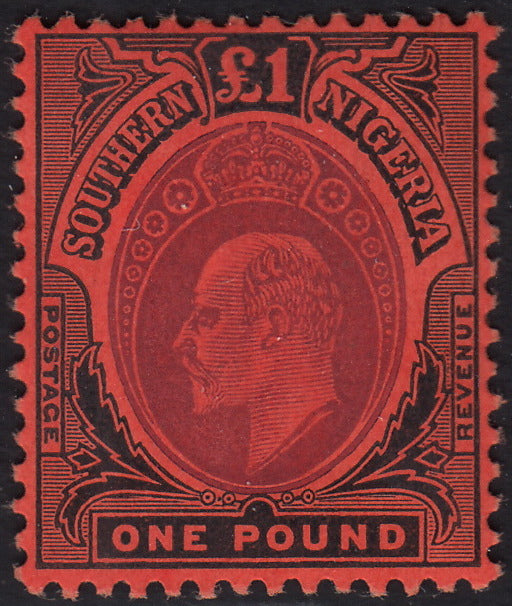 BO25_133 - Colonie Inglesi, SOUTHERN NIGERIA, 1910 - Edoardo VII - 1 sterlina rosso e nero nuovo con gomma originale (SG n. 44)