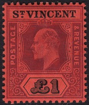BO25_135 - Colonie Inglesi, Isola di St. Vincent, Edoardo VII 1 sterlina rosso e nero nuovo con gomma integra (SG n. 93)