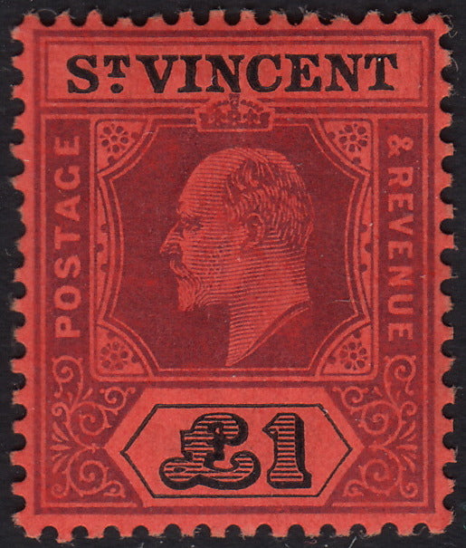 BO25_135 - Colonie Inglesi, Isola di St. Vincent, Edoardo VII 1 sterlina rosso e nero nuovo con gomma integra (SG n. 93)