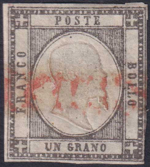 13_1 - 1861 - Effigie di Vittorio Emanuele II volta a destra, Province Napoletane, 1 grano grigio brunastro usato con lineare rosso DA SICILIA (19ba, punti 12)