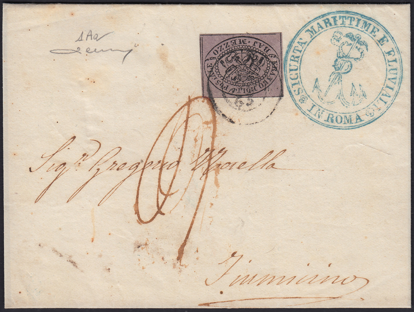 BO25_143 - 1865 - Lettera spedita da Roma per Fiumicino affrancata con 1/2 baj violetto isolato (1Aa)