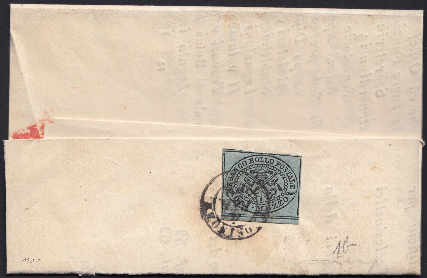 BO25_144 - 1852 - Lettera spedita da Frosinone per Supino affrancata a verso con 1/2 baj grigio azzurro (1a)