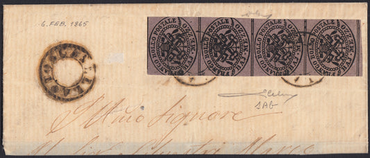 BO25_145 - 1865 - Testata di lettera spedita da Toscanella e affrancata con 1/2 baj violetto cupo striscia verticale di quattro esemplari (1Ab)