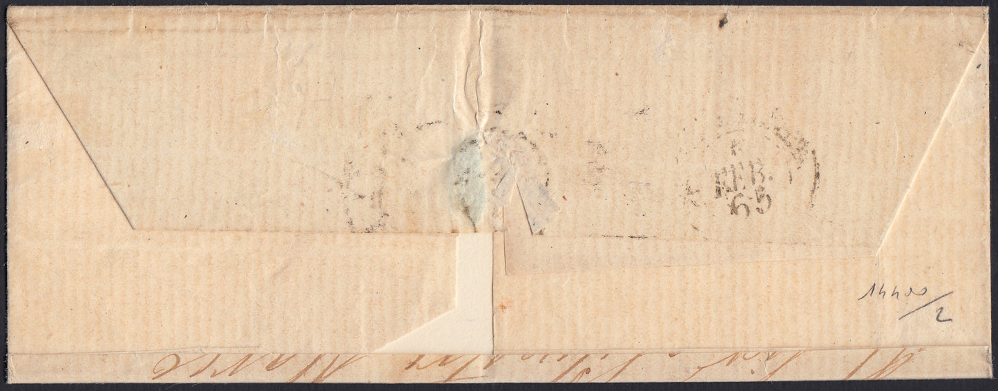 BO25_145 - 1865 - Testata di lettera spedita da Toscanella e affrancata con 1/2 baj violetto cupo striscia verticale di quattro esemplari (1Ab)