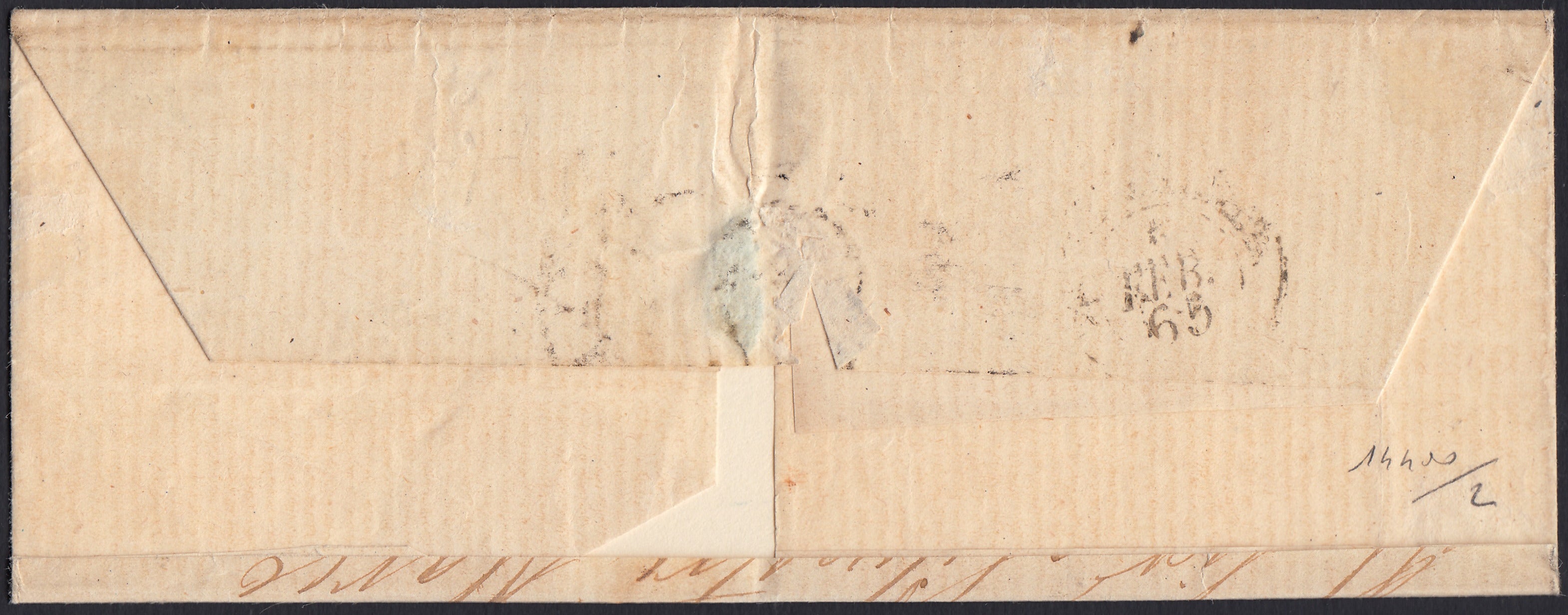 BO25_145 - 1865 - Testata di lettera spedita da Toscanella e affrancata con 1/2 baj violetto cupo striscia verticale di quattro esemplari (1Ab)